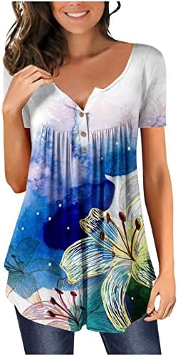 Mrgiinri женски летни модни туники врвови 2023 обични облечени кратки ракави маици бохо цветни слатки тимови блузи за хеланки за хеланки
