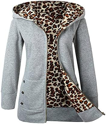 Женски патент со качулка од леопард печатење руно наредени јакна со долг ракав, палто топла зимска модна кардиган надворешна облека