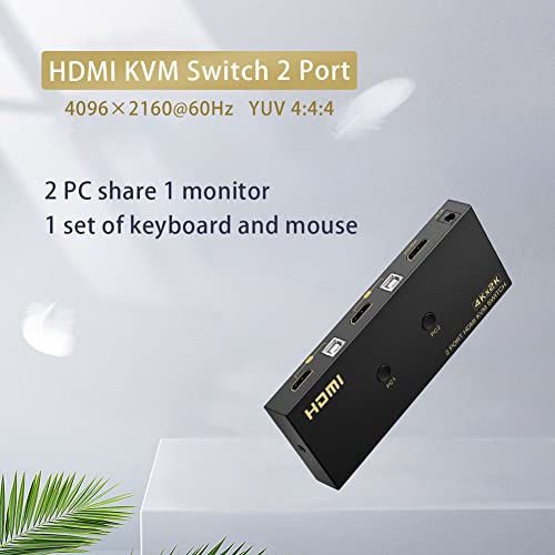 KVM Прекинувач HDMI 2 Порта, HDMI Kvm Прекинувач 4K@60Hz 2k@144hz 2k@120Hz за 2 Компјутери Споделување 1 Монитор, Со Прекинувач За Контрола