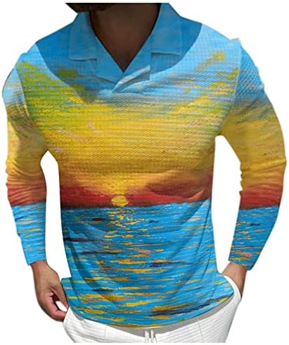 XXBR 2022 MENS WAFFLE плетени кошули, Lapel V врат со долга ракав плажа обичен Хенли кошула зајдисонце за зајдисонце, спортски голф врвови