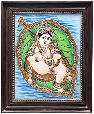 Егзотична Индија 19 x 23 Ватапатра-шеи Кришна Танјоре Сликање | Традиционални бои со 24к злато | Teakwood Fra
