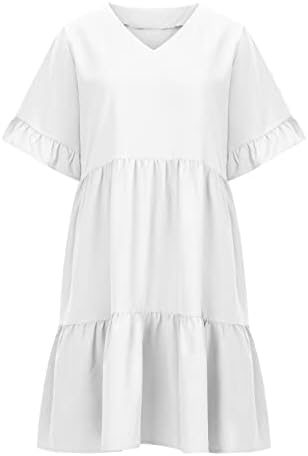 Фустани за жени, женски обичен краток ракав надолу фустан летен џеб за џеб еластичен половината А-линија за замав мини фустани