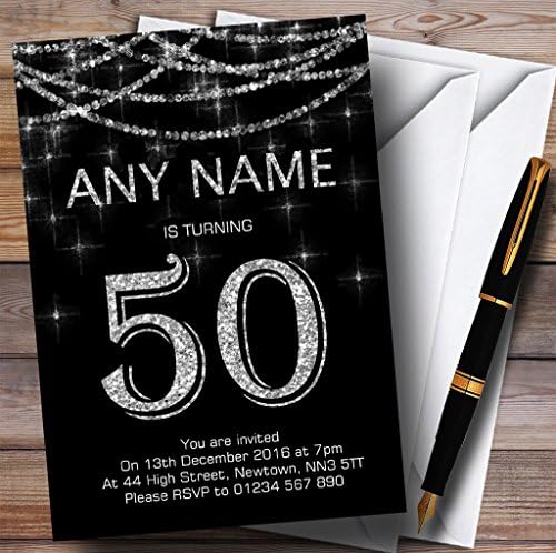 Црна и сребрена искри на Гарланд 50 -ти персонализирани покани за роденденска забава