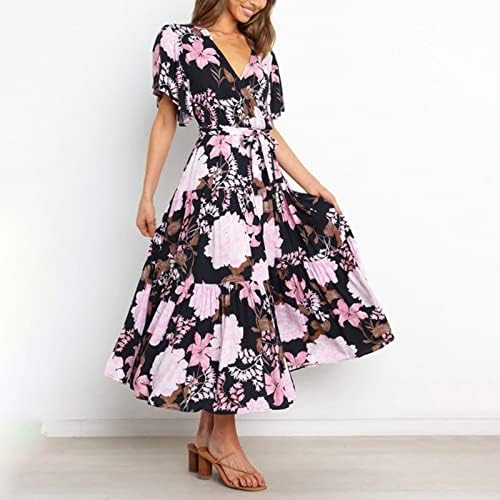 Домашни фустани 2023 година, женски летен обичен печатен половината со краток ракав долг фустан бохо фустан