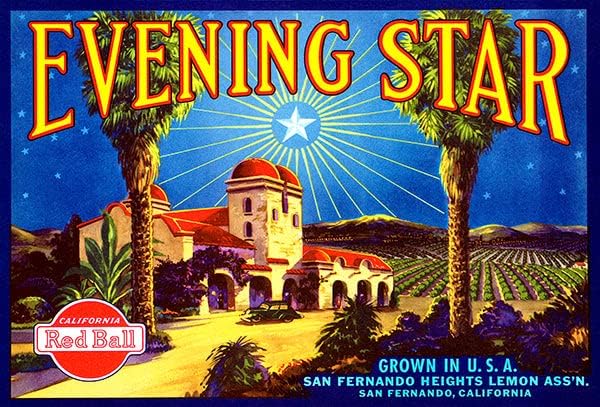 Вечерна starвезда - Сан Фернандо Калифорнија - 1930 -ти - Постер за етикета на гајба
