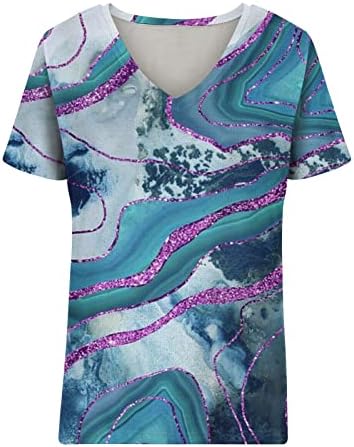 Женски летни врвови мермерни текстурирани маици за печатење лабави се вклопуваат во блуза облечен случајниот краток ракав против