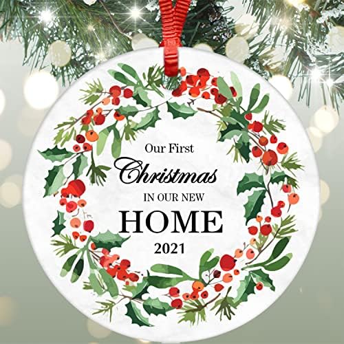 Арогелд 3 инчен рамен керамички украс Нашиот прв Божиќ во Нов дом 2021 виси цитати Остава украси за печатење на венецот за чувар на домаќинство