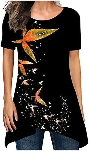 Туника на врвови за жени Пеперутка печатени тимови летни обични маички со кратки ракави со врат, симпатични проточни лабави вклопувања во блузи