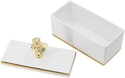 А и Б Дом 7,9 L Правоаголен бел/златен керамички/алуминиум лидиран канистер со кутија со рачка, за организирано складирање, декор на акцент