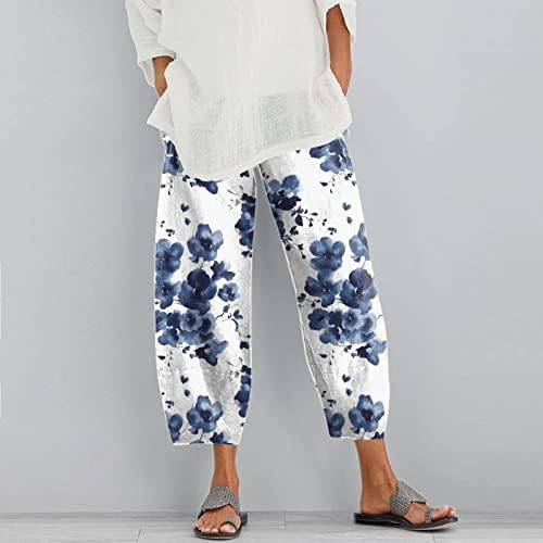 Lutmentsенски панталони за женски култури лето, женски исечени памучни постелнина панталони летни панталони на глуждот со џебови