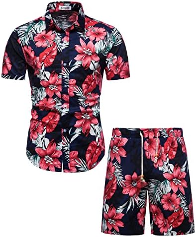 Менски кратки комплети облеки на хавајски кошули кратки комплети 2 парчиња случајно копче надолу од цвеќиња од цвеќиња на плажа