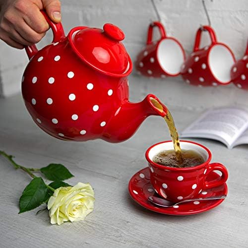 Рачно изработено црвено-бело полко-точка керамички чајник, голем 1,7L/60oz/4-6 чаша чајник, млечен бокал, шеќер сад, четири чаши и чинија со чај,