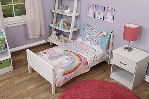 Фунхаус 4 парчиња сет за постелнина за дете - вклучува ватирана удобност, вграден лист, горниот лист и кутија за перници - Дизајн на еднорог за кревет за девојчиња