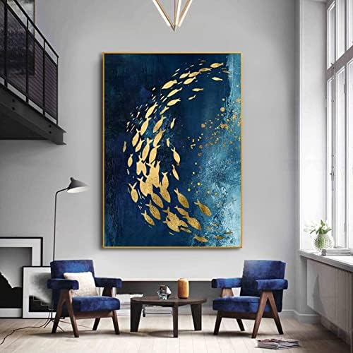Рачно насликано вертикално масло за сликање - Апстрактна школа за златна риба со голема големина на маслото сликарство на платно, модерни уметнички дела за дневна ?