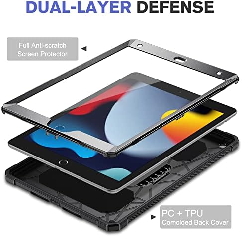 Fintie Shockproof Case за iPad 9 -ти / 8 -та / 7 -та генерација 10,2 инчи - двоен слој Туатара солиден Unibody Hybrid Full заштитен браник Кик -удар на капакот со заштитник на екранот, црна