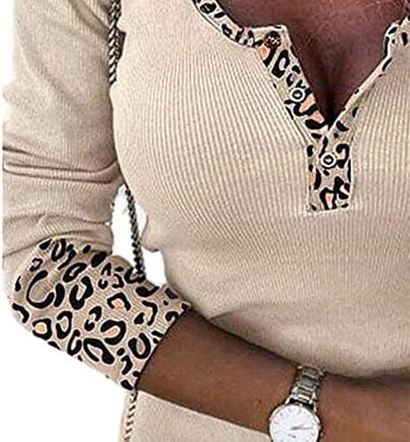 Нова женска леопард Splice v вратот на копчето за трикотажа на вратот на врвовите на женските врвови блуза