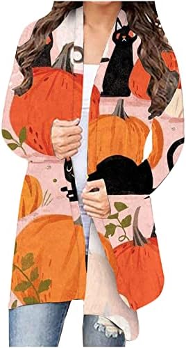 Плус големина кардиган за жени со долг ракав гроздобер за Ноќта на вештерките картони со опуштено вклопување на отворени предни врвови