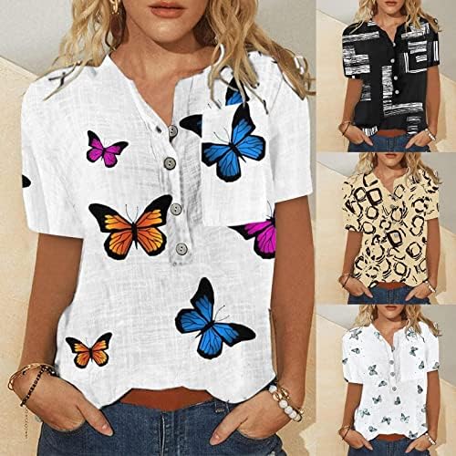 Кошули со маички за жени, женски кратки ракави врвови облечени летни летни графички цветни печатени трендовски блузи туники