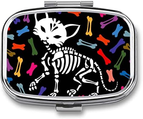 Скелет со плоштад пилула Скелет Мачка пилула кутија Метална медицина Организатор на пилули за џебна чанта и патување 2.2x1.6in