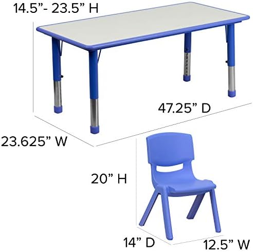 Флеш Мебел Еми 23.625В х 47.25 Л Правоаголни Сини Пластични Висина Прилагодливи Активност Маса Во собата со 6 Столици