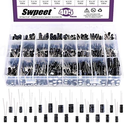 SWPEET 405PCS 24 видови различни електролитички кондензатори опсег 0,1UF－1000UF комплет за асортиман, 10V/16V/25V/50V алуминиумски