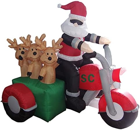 Два божиќни украси за украси, вклучуваат 5 нозе високи надуени Дедо Мраз и три ирваси на моторцикл, и анимиран на надувување