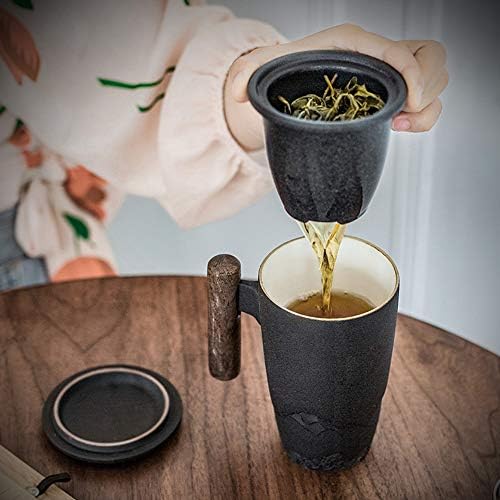 Deahuayao керамичка црна чаша чаша чаша сад со дрвена рачка во 2 бои со цедалка за чај