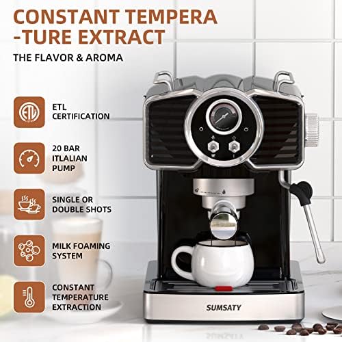 Sumsaty Espresso Cafe Machine 20 Bar, Retro Espresso Maker со млеко Фротер пароброд стапче за капучино, лате, Macchiato, 1,8L отстранлив