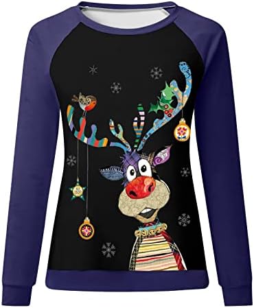 Божиќно маичка за божиќни маички за жени мода на лежерна Божиќна печатена рунда со долги ракави за џемпер на врвови за џвакање на врвови