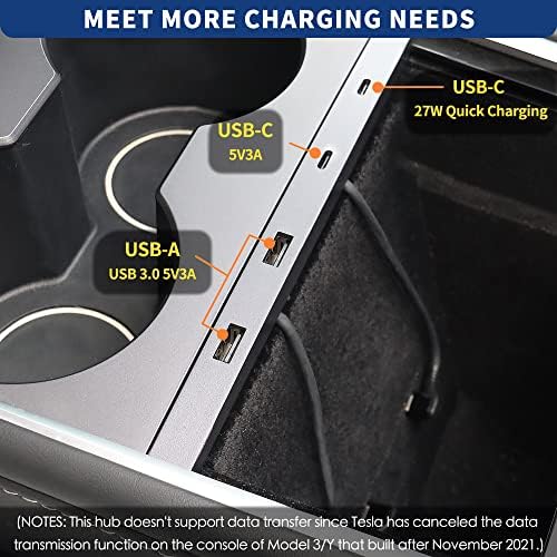 USB-центар Tesla за модел Y Model 3 2021-2023 Центарска конзола, Поддршка USB-C Брзо полнење, додатоци Tesla Model 3/Y, сребрена