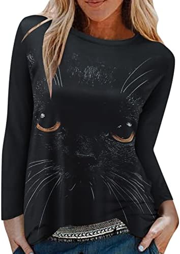 Znne Women Casual Sweatshirt Pulverover Tops, симпатична екипа за печатење со мачки, долг ракав Туника Атлетика Основна блуза