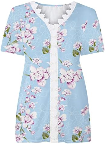 Maseенски модни пролетни летни печатени кратки ракави за чипка за чипка на блуза V-врат на необични блузи врвови