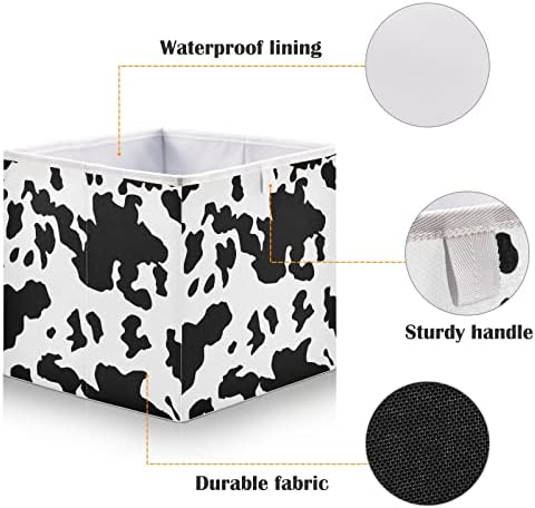 Печатење на животински текстура, крава кожа црна бела шема, црни дамки дамки правоаголни корпи за корпи за складирање, кутија за склопување на складирање, организа?
