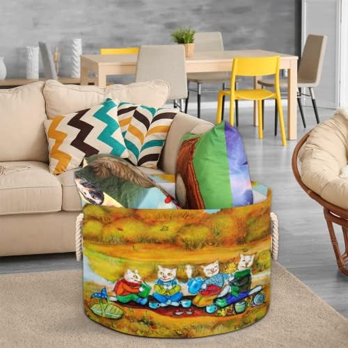 Здраво есенски лисја и симпатични мачки големи тркалезни корпи за корпи за перење алишта со рачки ќебе корпа за складирање за