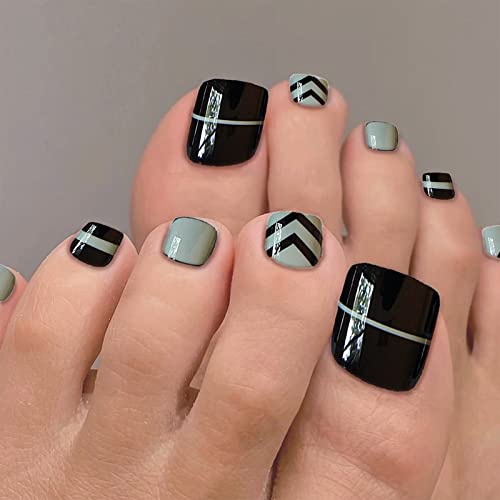 Прес за нокти на ноктите Прес на нокти на ноктите за жени кратки плоштад сјајни лажни нокти на нозете со светло зелена и црна обврзувачка дизајн