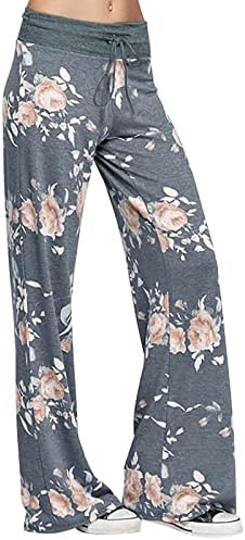 Широки панталони за нозе за жени цветни печати лабава фит салон панталони Еластични половини истегнуваат јога панталони со џебови