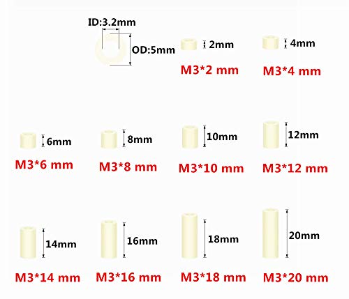 Charder4u 200pcs 10-димензии на најлонски тркалезни растојанија Комплет за асортиман за М3 ОД 5мм ID 3.2mm, должина 2мм 4мм 6мм