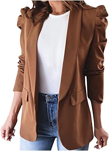 Обични есенски блејзери за жени 2022 цврсти јакни со џебно лаппел Отворен предна канцеларија блејзер пуфта со долг ракав за работа со долг ракав