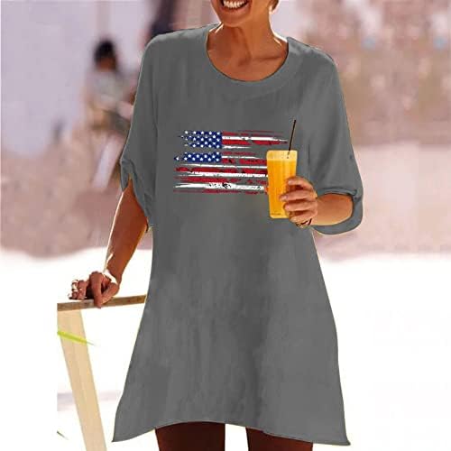 Qcemeni American Flag Tunic врвови за жени 4-ти јули starвездени ленти со кошула Ден на независност 3/4 ракав О-врат модни маици