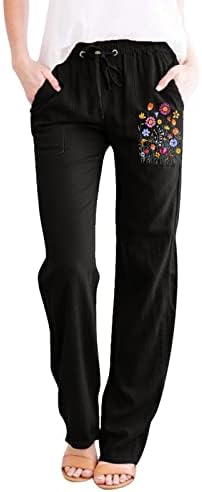 Kcjgikpok женски постелнина панталони, обични широки панталони со широки нозе со меки ленти со џебови, обични панталони за жени