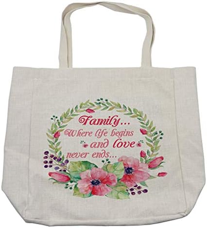 Амбесон велејќи торба за купување, семејство од каде започнува животот и loveубовта никогаш не завршува со букви во акварел цветен венец,