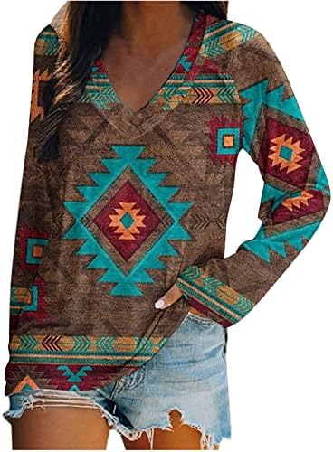 Плус големина на врвови за жени со долги ракави V-врат џемпер џемпер цветни печати V-врат пулвер со долг ракав блуза