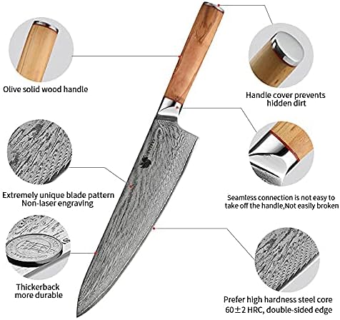 Кујна Готвач Нож Постави 7 Парчиња, Изработени Од Јапонски Аус10 Дамаск Челик, Премиум Кујна Нож Во Собата Со Маслиново Дрво Рачка