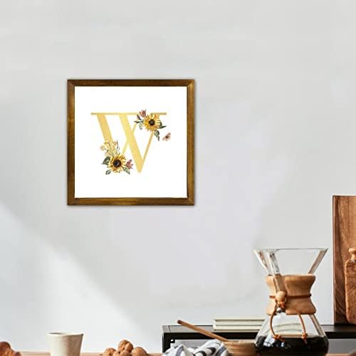 Монограм почетен w злато дрво знак Азбука сончоглед цвет цветна врамена дрвена плакети пролетен цвет фарма куќа стил wallид декор уметнички