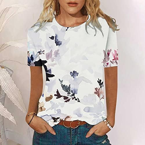 Дами маица 2023 година со кратки ракави памучни екипи со мастило за сликање цветни графички врвни маички за тинејџерски девојки лето есен
