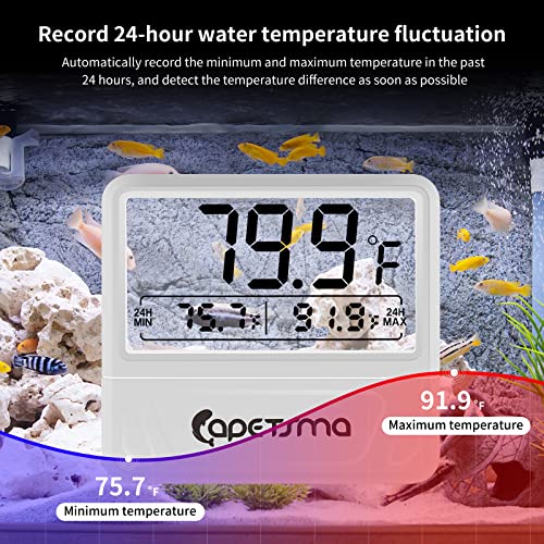 Термометар за дигитален аквариум, термометар за резервоар за риби Capetsma запишува најголемо и најниско температура во 24 часа, точен мерач
