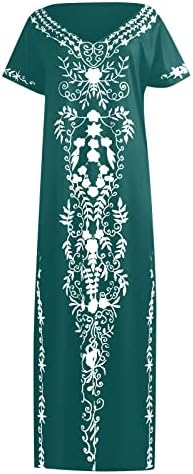 Обични фустани за жени 2023 лабава цврста боја Едноставна печатена шема на плажа поделена фустан Блуза со кратки ракави на плажа