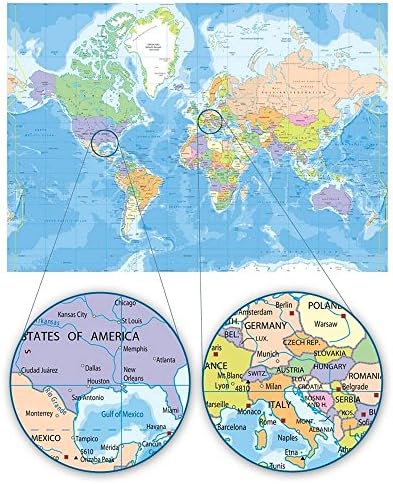 АЛОНЛИНСКИ АРТ - Политички модерни мапи 1 од Светска мапа | Biege врамена слика отпечатена на памучно платно, прикачена на таблата