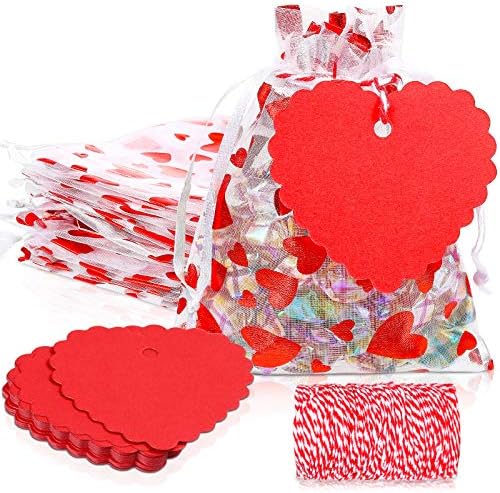 100 Еез Торби За Органза За Денот На Вљубените И 100 Еез Крафт Хартиени Ознаки Црвено Срце Валентин Третирајте Торбички Со Бонбони Торбички