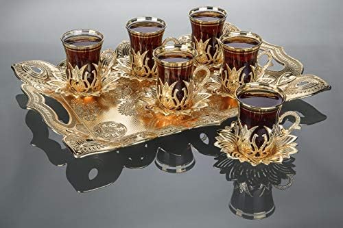 Ламодахоме Турски Teaпски Чаши За Чај Комплет од 6 Со Чинии и Држачи-Фенси Гроздобер Златен Рачно Изработен Комплет За Сервирање, Подарок,